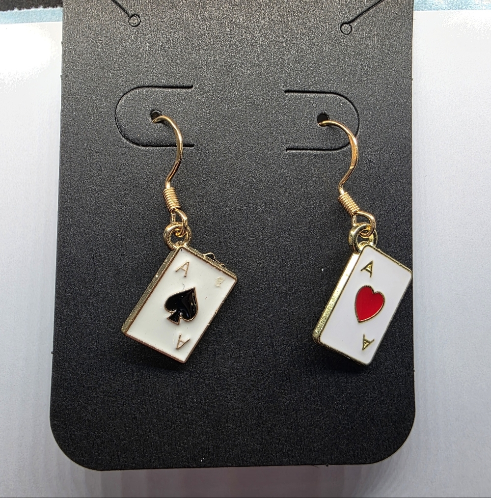 Playing Cards Red Heart & Black Spade‎ Aces Earrings Handmade Hypoallergenic